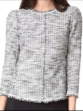Rebecca Taylor business professional tweed black & white fringe tailored top